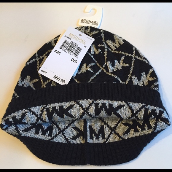 Michael Kors MK Logo Knit Beanie Black/Silver NWT - Picture 6 of 8